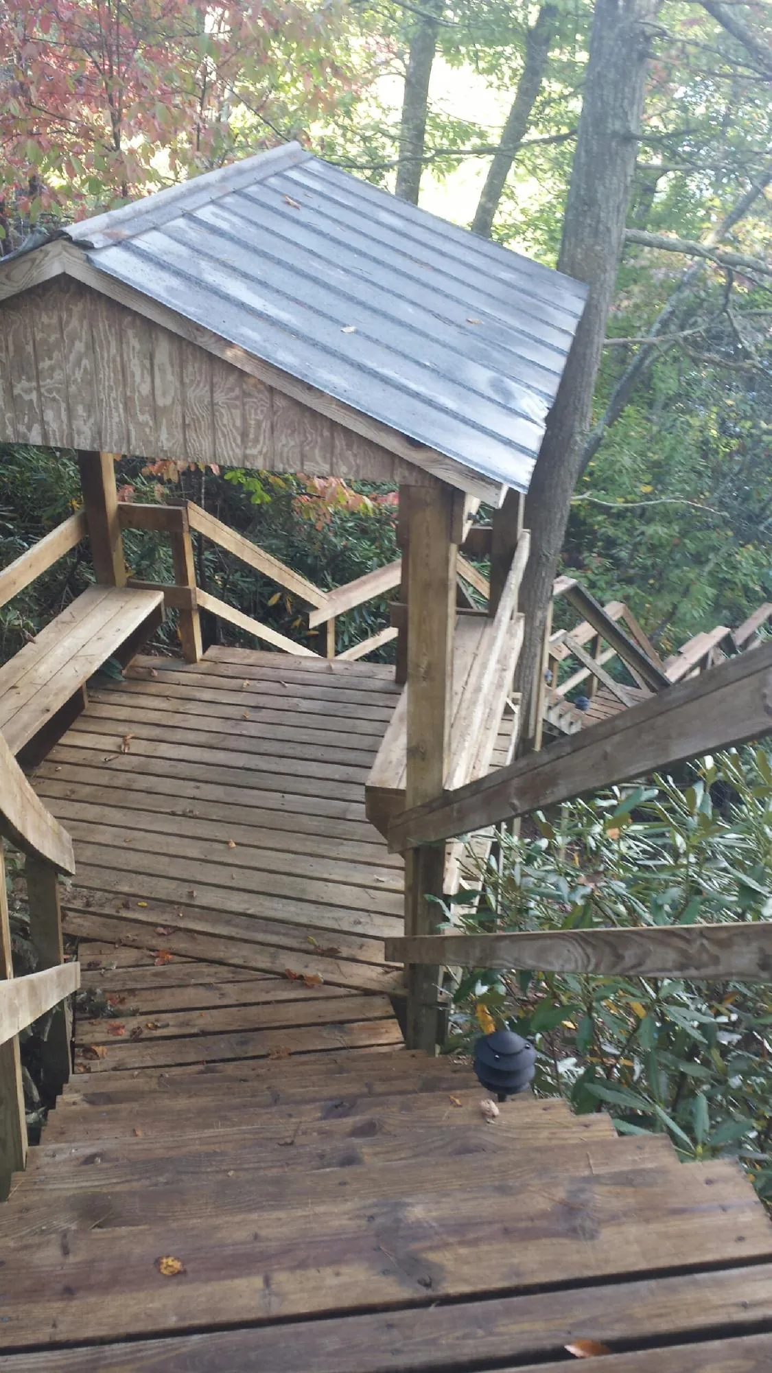 Metal roofed shelter over wooden steps on a wooded walkway — Skylight Repair & Installation work by our crew in Silver Springs